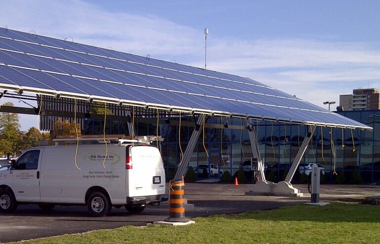 solar canopy over electric vehicle charging station